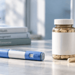GLP-1 medication pen compared with a GLP-1 supplement bottle