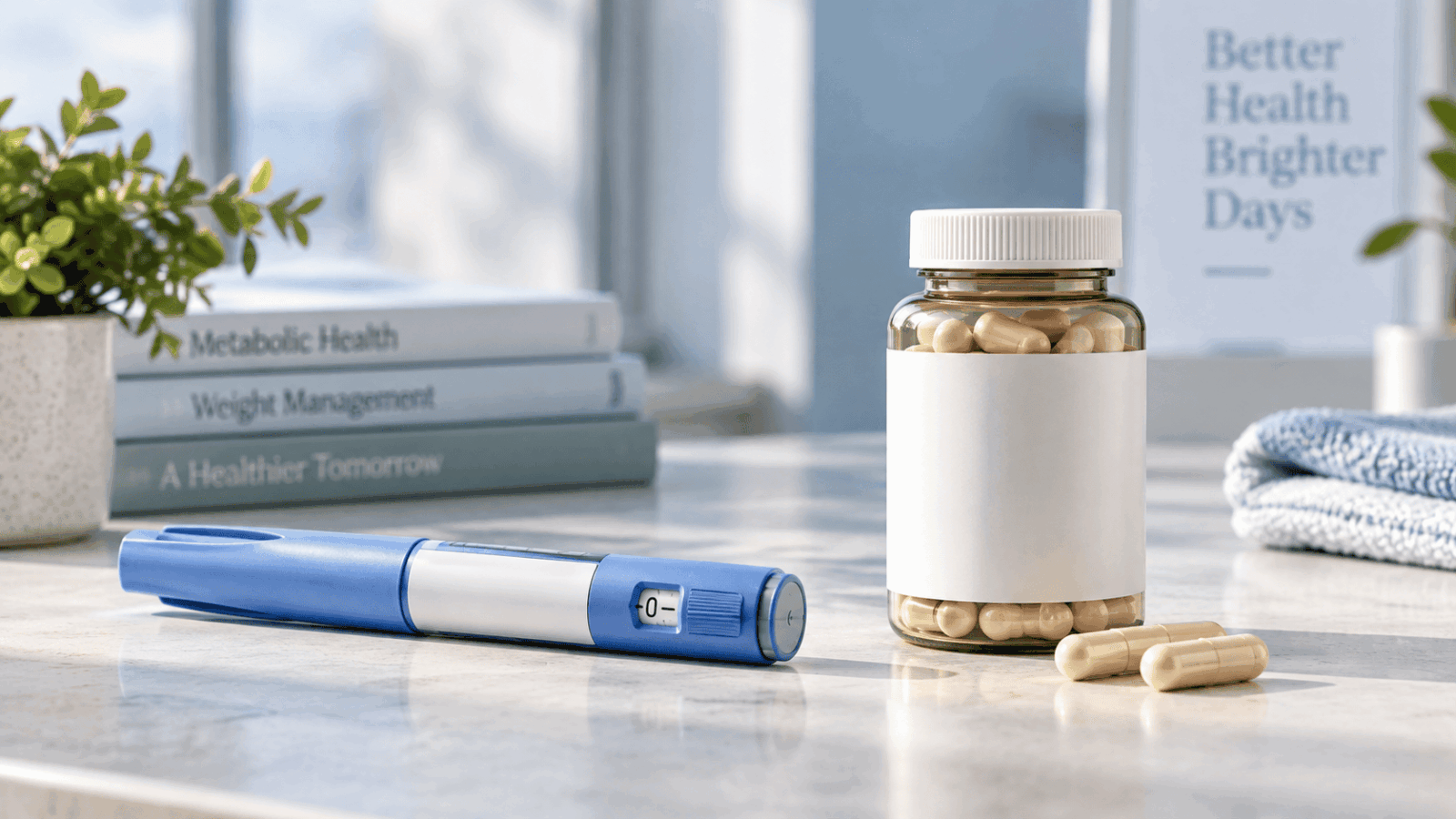 GLP-1 medication pen compared with a GLP-1 supplement bottle