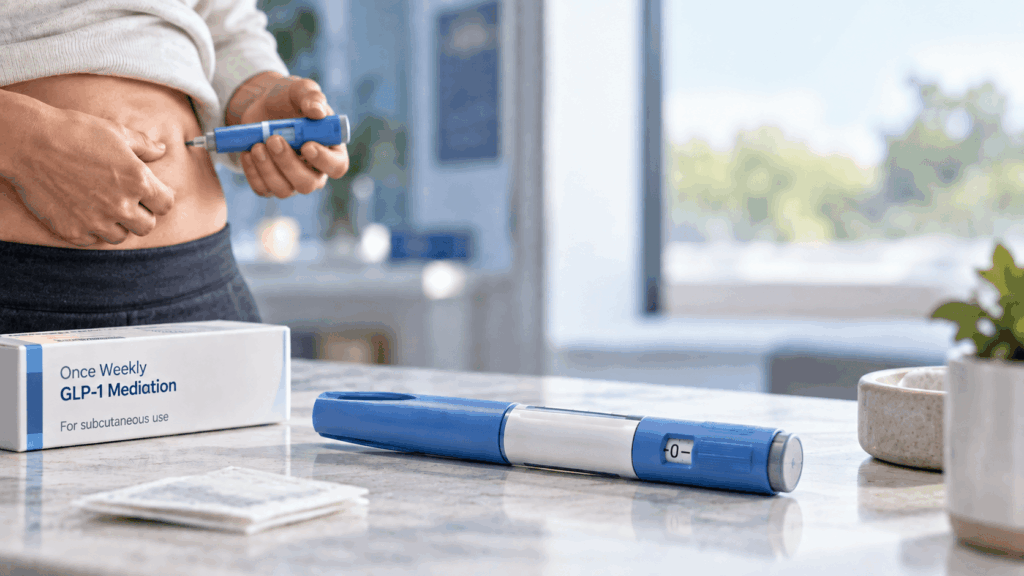 Person using a GLP-1 injection pen on the abdomen with a weekly medication pen and supplies nearby.