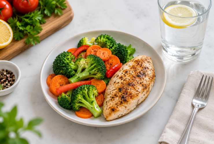 Smaller balanced meal portion supporting comfortable digestion on semaglutide