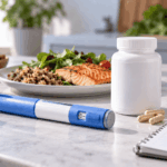 GLP-1 pen, supplement, healthy meal, and water for energy support.