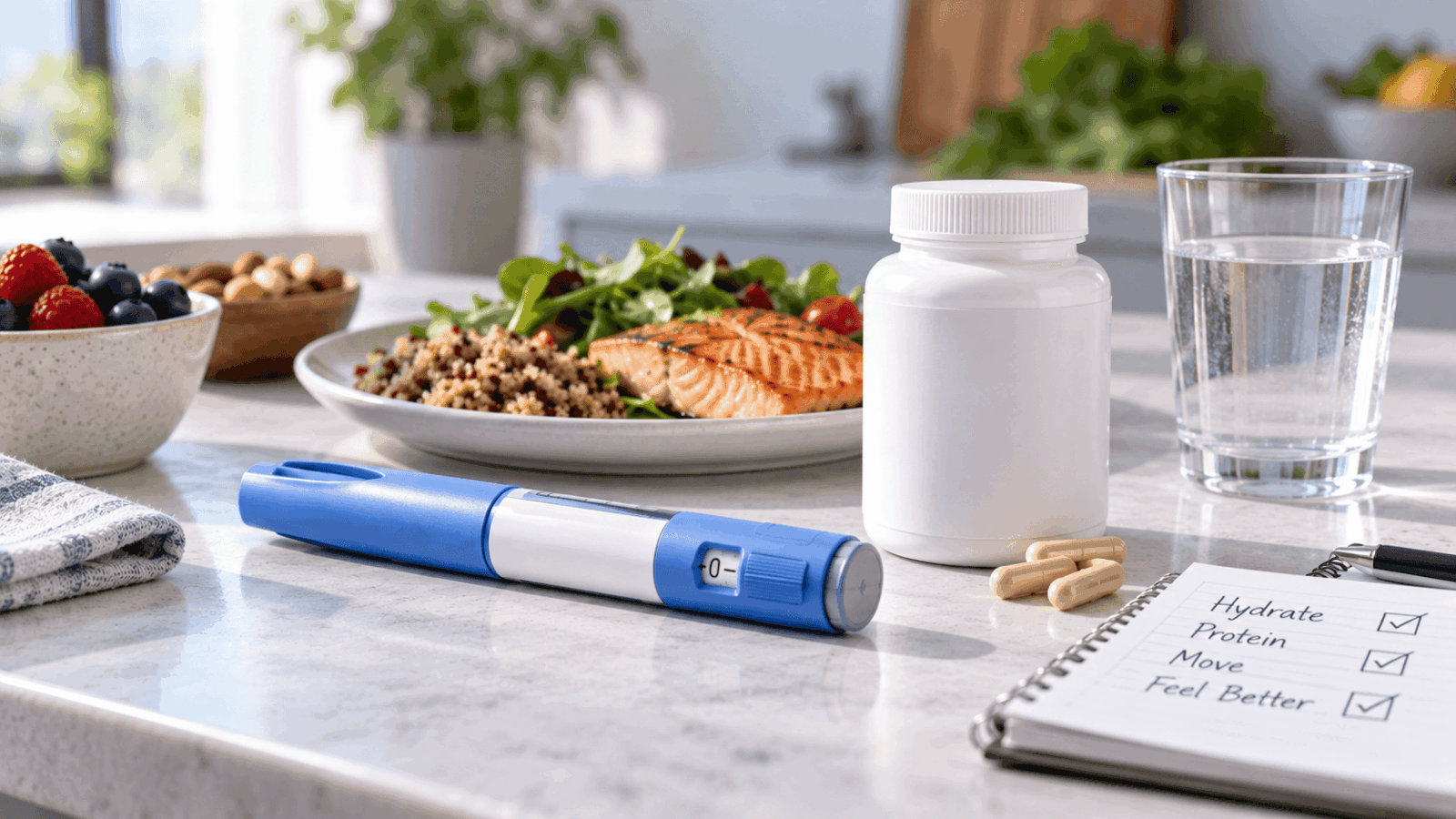 GLP-1 pen, supplement, healthy meal, and water for energy support.