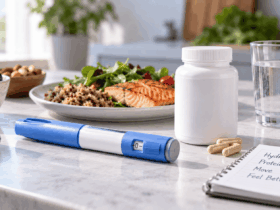 GLP-1 pen, supplement, healthy meal, and water for energy support.