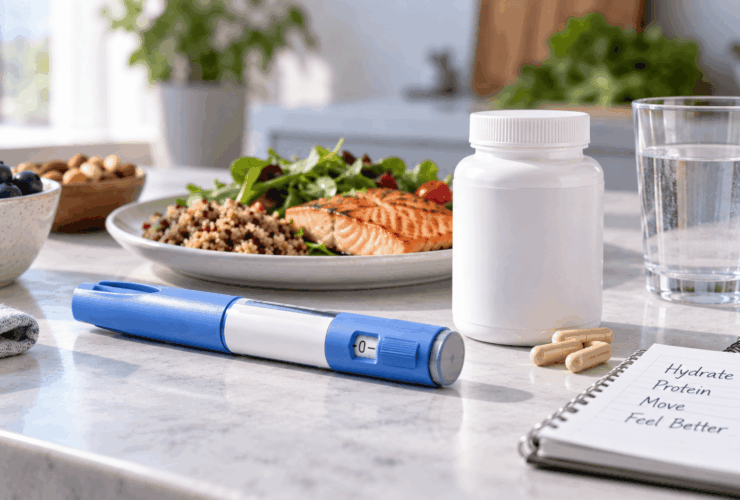 GLP-1 pen, supplement, healthy meal, and water for energy support.