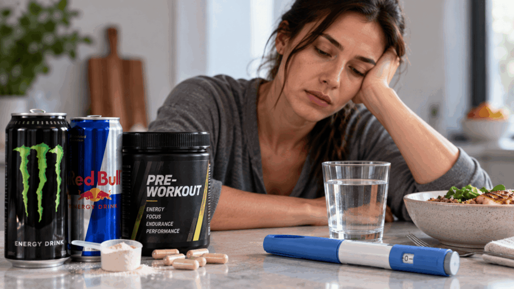 Tired person with energy drinks, pre-workout, water, and a GLP-1 pen.